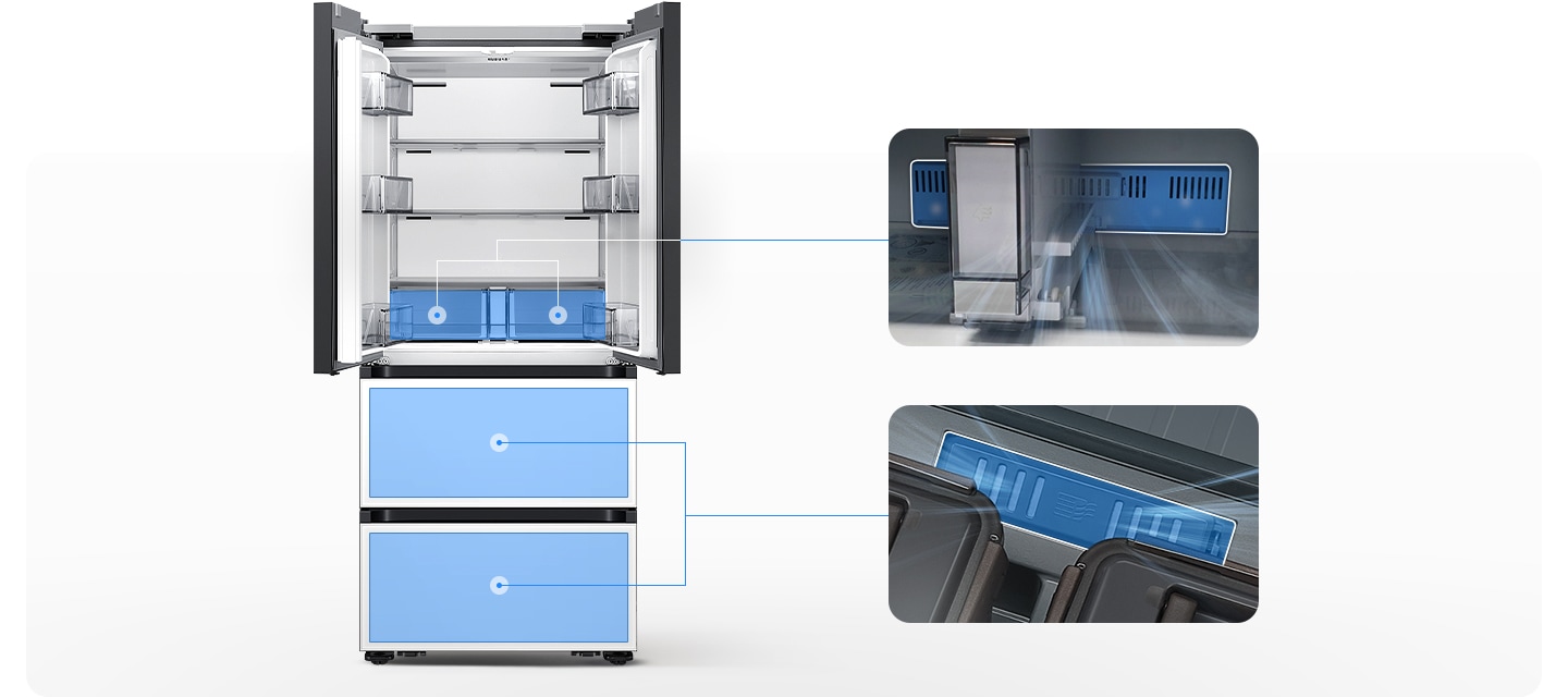 좌측에는 김치냉장고 상칸이 오픈되어있습니다. 김치냉장고 상칸 서랍 부분과 중칸, 하칸이 각각 파란색 배경으로 표시되어 있으며 각 부분이 우측 내상컷과 이어져 있습니다. 우측에는 프레쉬 필터가 위치한 각 냉장고 내상 부분별 실제 제품컷이 나와있으며 해당 필터 부분이 흰색으로 표시되어 있고 그 부분에서 공기가 정화되는듯한 연출 이미지가 나와있습니다.