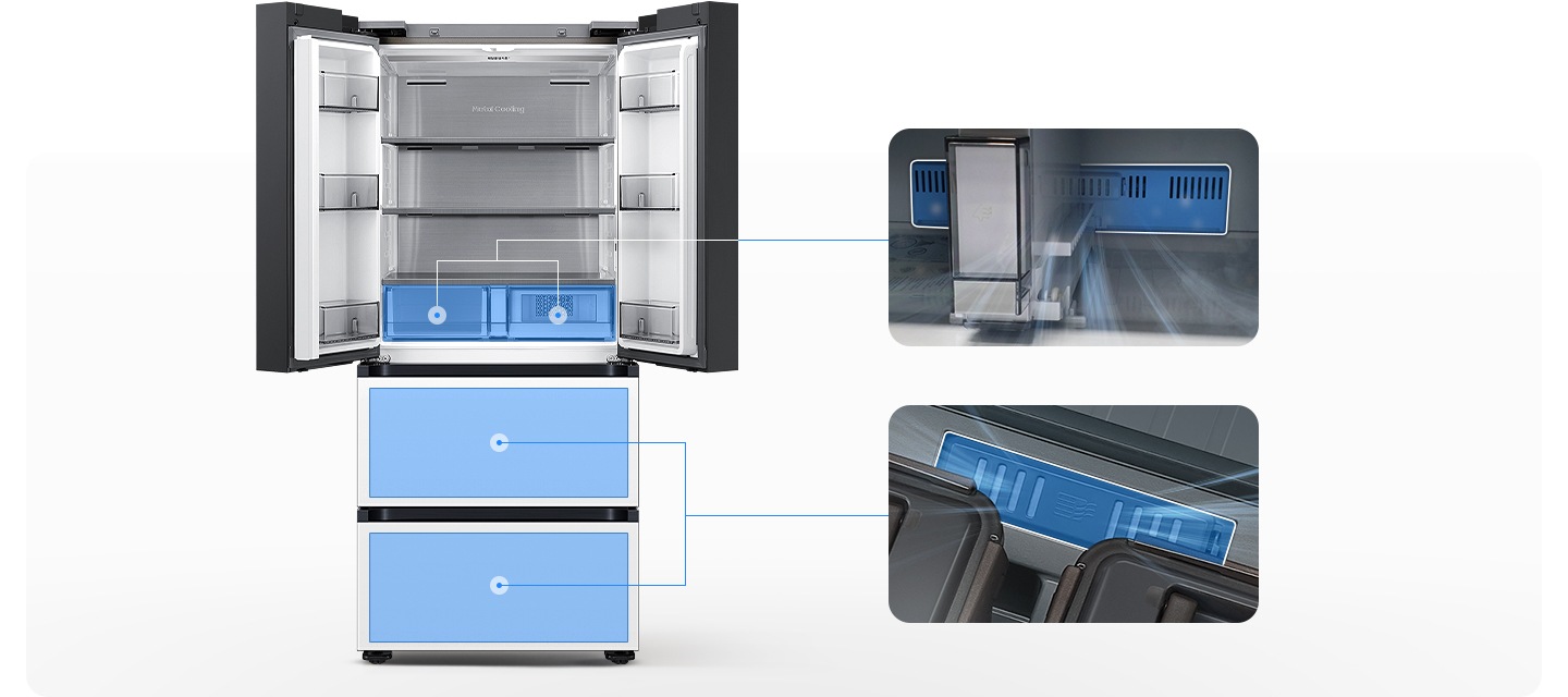 좌측에는 김치냉장고 상칸이 오픈되어있습니다. 김치냉장고 상칸 서랍 부분과 중칸, 하칸이 각각 파란색 배경으로 표시되어 있으며 각 부분이 우측 내상컷과 이어져 있습니다. 우측에는 프레쉬 필터가 위치한 각 냉장고 내상 부분별 실제 제품컷이 나와있으며 해당 필터 부분이 흰색으로 표시되어 있고 그 부분에서 공기가 정화되는듯한 연출 이미지가 나와있습니다.