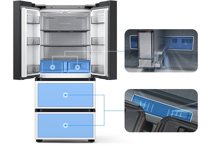 좌측에는 김치냉장고 상칸이 오픈되어있습니다. 김치냉장고 상칸 서랍 부분과 중칸, 하칸이 각각 파란색 배경으로 표시되어 있으며 각 부분이 우측 내상컷과 이어져 있습니다. 우측에는 프레쉬 필터가 위치한 각 냉장고 내상 부분별 실제 제품컷이 나와있으며 해당 필터 부분이 흰색으로 표시되어 있고 그 부분에서 공기가 정화되는듯한 연출 이미지가 나와있습니다.