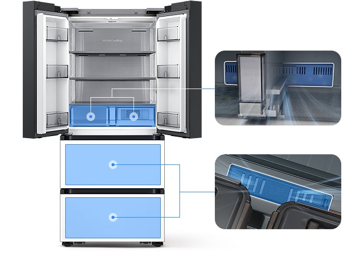 좌측에는 김치냉장고 상칸이 오픈되어있습니다. 김치냉장고 상칸 서랍 부분과 중칸, 하칸이 각각 파란색 배경으로 표시되어 있으며 각 부분이 우측 내상컷과 이어져 있습니다. 우측에는 프레쉬 필터가 위치한 각 냉장고 내상 부분별 실제 제품컷이 나와있으며 해당 필터 부분이 흰색으로 표시되어 있고 그 부분에서 공기가 정화되는듯한 연출 이미지가 나와있습니다.