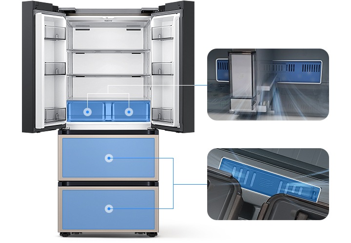 좌측에는 김치냉장고 상칸이 오픈되어있습니다. 김치냉장고 상칸 서랍 부분과 중칸, 하칸이 각각 파란색 배경으로 표시되어 있으며 각 부분이 우측 내상컷과 이어져 있습니다. 우측에는 프레쉬 필터가 위치한 각 냉장고 내상 부분별 실제 제품컷이 나와있으며 해당 필터 부분이 흰색으로 표시되어 있고 그 부분에서 공기가 정화되는듯한 연출 이미지가 나와있습니다.