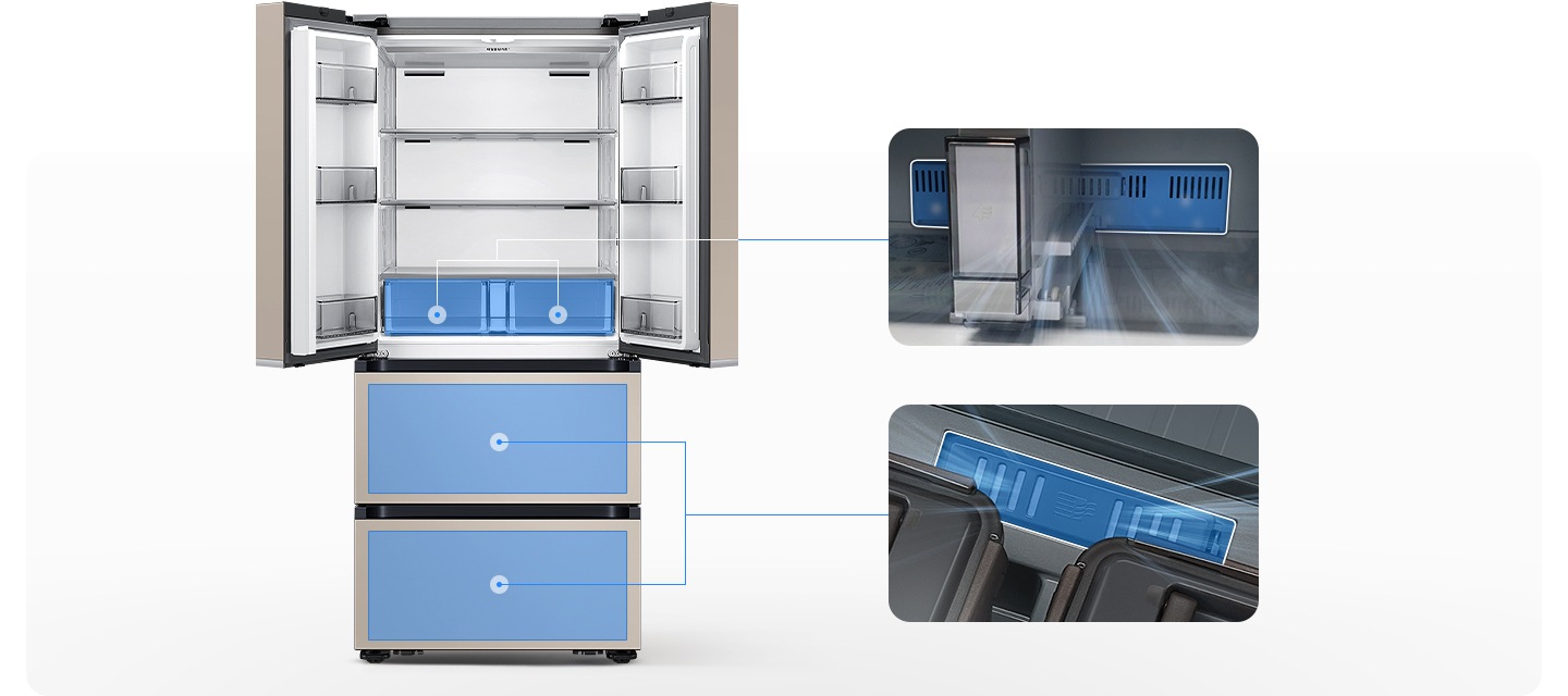 좌측에는 김치냉장고 상칸이 오픈되어있습니다. 김치냉장고 상칸 서랍 부분과 중칸, 하칸이 각각 파란색 배경으로 표시되어 있으며 각 부분이 우측 내상컷과 이어져 있습니다. 우측에는 프레쉬 필터가 위치한 각 냉장고 내상 부분별 실제 제품컷이 나와있으며 해당 필터 부분이 흰색으로 표시되어 있고 그 부분에서 공기가 정화되는듯한 연출 이미지가 나와있습니다.