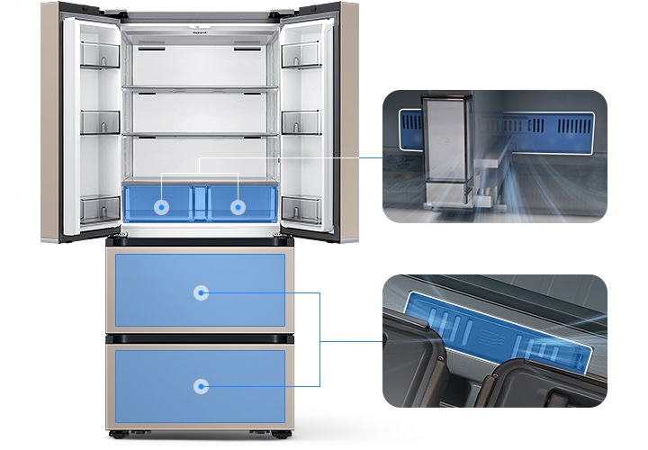 좌측에는 김치냉장고 상칸이 오픈되어있습니다. 김치냉장고 상칸 서랍 부분과 중칸, 하칸이 각각 파란색 배경으로 표시되어 있으며 각 부분이 우측 내상컷과 이어져 있습니다. 우측에는 프레쉬 필터가 위치한 각 냉장고 내상 부분별 실제 제품컷이 나와있으며 해당 필터 부분이 흰색으로 표시되어 있고 그 부분에서 공기가 정화되는듯한 연출 이미지가 나와있습니다.