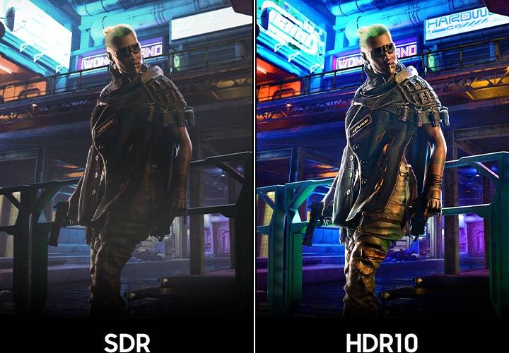 SDR 버전의 화면과 HDR10 버전의 화면을 비교하여 보여줍니다.