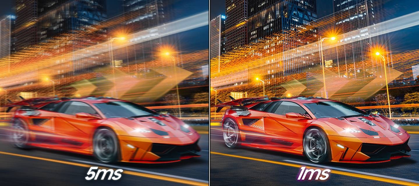 5ms 응답속도의 화면과 1ms 응답속도의 화면을 비교하여 보여줍니다.