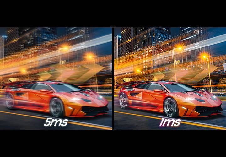 5ms 응답속도의 화면과 1ms 응답속도의 화면을 비교하여 보여줍니다.