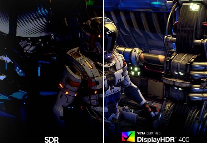 화면을 반으로 나누어 SDR과 VESA 디스플레이HDR 400의 차이를 비교하여 보여줍니다.