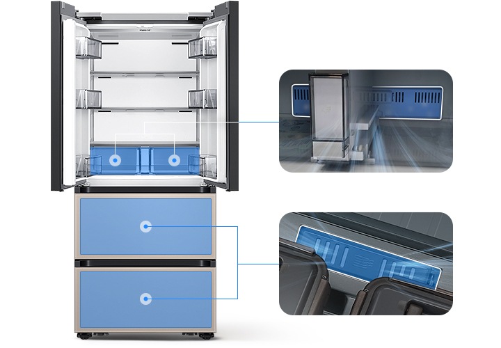 좌측에는 김치냉장고 상칸이 오픈되어있습니다. 김치냉장고 상칸 서랍 부분과 중칸, 하칸이 각각 파란색 배경으로 표시되어 있으며 각 부분이 우측 내상컷과 이어져 있습니다. 우측에는 프레쉬 필터가 위치한 각 냉장고 내상 부분별 실제 제품컷이 나와있으며 해당 필터 부분이 흰색으로 표시되어 있고 그 부분에서 공기가 정화되는듯한 연출 이미지가 나와있습니다.