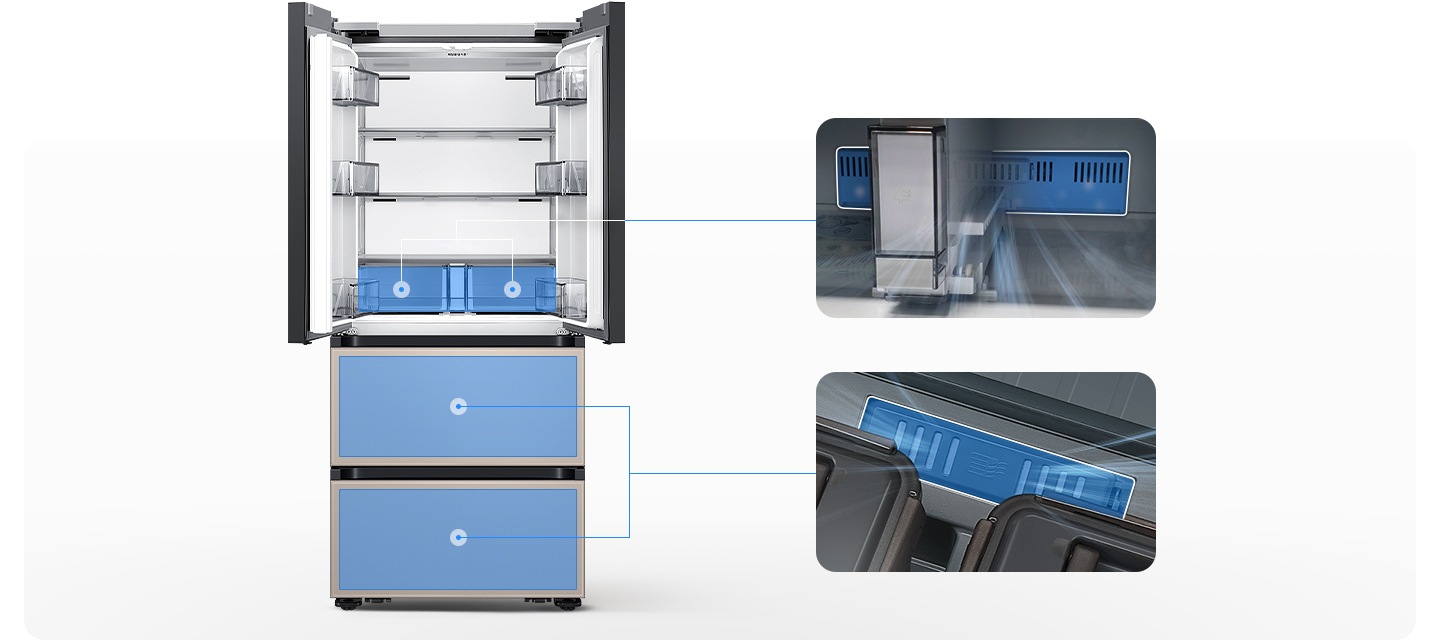 좌측에는 김치냉장고 상칸이 오픈되어있습니다. 김치냉장고 상칸 서랍 부분과 중칸, 하칸이 각각 파란색 배경으로 표시되어 있으며 각 부분이 우측 내상컷과 이어져 있습니다. 우측에는 프레쉬 필터가 위치한 각 냉장고 내상 부분별 실제 제품컷이 나와있으며 해당 필터 부분이 흰색으로 표시되어 있고 그 부분에서 공기가 정화되는듯한 연출 이미지가 나와있습니다.