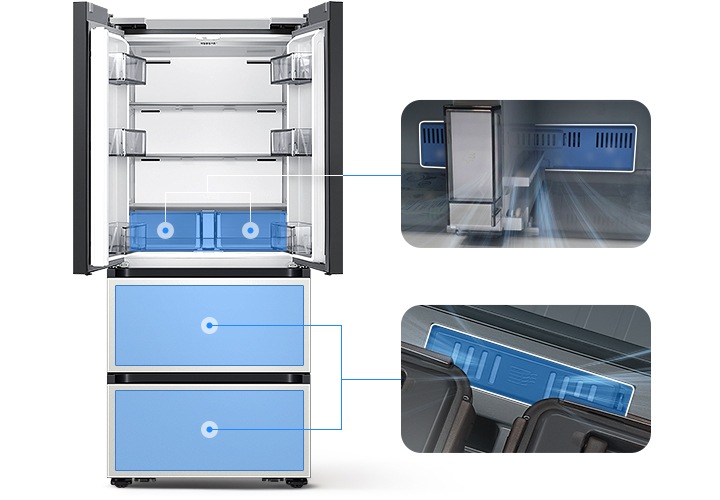 좌측에는 김치냉장고 상칸이 오픈되어있습니다. 김치냉장고 상칸 서랍 부분과 중칸, 하칸이 각각 파란색 배경으로 표시되어 있으며 각 부분이 우측 내상컷과 이어져 있습니다. 우측에는 프레쉬 필터가 위치한 각 냉장고 내상 부분별 실제 제품컷이 나와있으며 해당 필터 부분이 흰색으로 표시되어 있고 그 부분에서 공기가 정화되는듯한 연출 이미지가 나와있습니다.