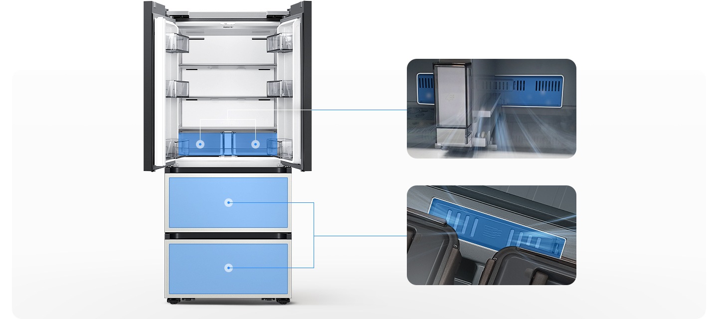 좌측에는 김치냉장고 상칸이 오픈되어있습니다. 김치냉장고 상칸 서랍 부분과 중칸, 하칸이 각각 파란색 배경으로 표시되어 있으며 각 부분이 우측 내상컷과 이어져 있습니다. 우측에는 프레쉬 필터가 위치한 각 냉장고 내상 부분별 실제 제품컷이 나와있으며 해당 필터 부분이 흰색으로 표시되어 있고 그 부분에서 공기가 정화되는듯한 연출 이미지가 나와있습니다.