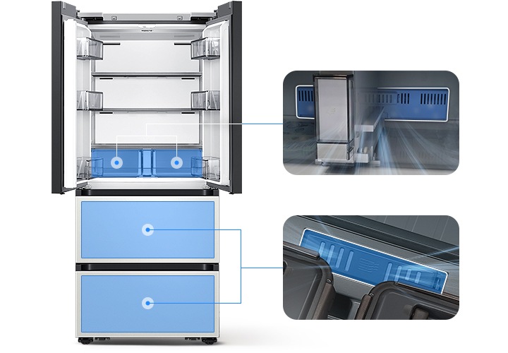 좌측에는 김치냉장고 상칸이 오픈되어있습니다. 김치냉장고 상칸 서랍 부분과 중칸, 하칸이 각각 파란색 배경으로 표시되어 있으며 각 부분이 우측 내상컷과 이어져 있습니다. 우측에는 프레쉬 필터가 위치한 각 냉장고 내상 부분별 실제 제품컷이 나와있으며 해당 필터 부분이 흰색으로 표시되어 있고 그 부분에서 공기가 정화되는듯한 연출 이미지가 나와있습니다.