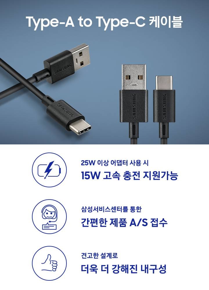 검은색의 Type-A to Type-C 케이블이 놓여있고 그 아래 세가지의 특장점을 보여줍니다. 첫째는 25W 이상 어댑터 사용 시 15W 초고속 충전 지원가능, 둘째는 삼성 서비스 센터를 통한 간편한 제품 AS 접수 셋째는 견고한 설계로 더욱 더 강해진 내구성 입니다.