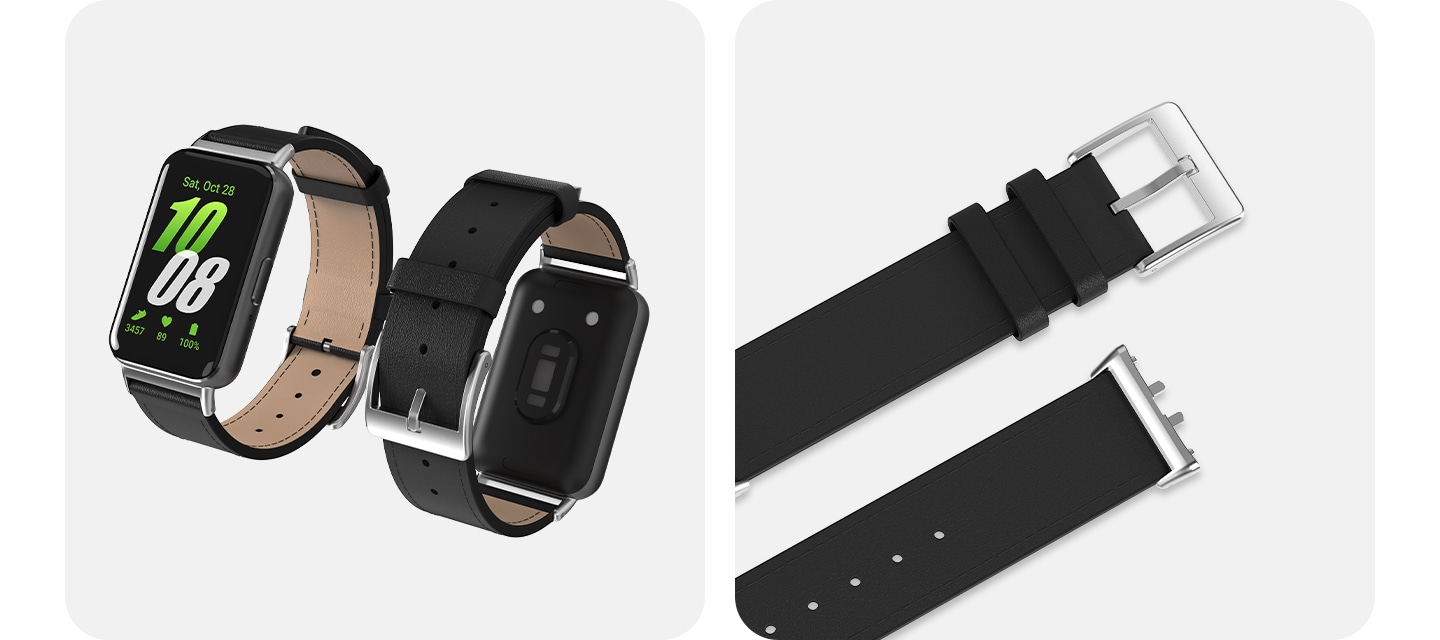 왼쪽에 기기가 장착된 갤럭시 핏3 레더 밴드 블랙 색상 두 개가 있는 이미지와 오른쪽에 갤럭시 핏3 레더 밴드 블랙 색상의 버클 밴드와 홀 밴드가 나란히 놓여있는 이미지가 있습니다.