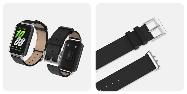 왼쪽에 기기가 장착된 갤럭시 핏3 레더 밴드 블랙 색상 두 개가 있는 이미지와 오른쪽에 갤럭시 핏3 레더 밴드 블랙 색상의 버클 밴드와 홀 밴드가 나란히 놓여있는 이미지가 있습니다.