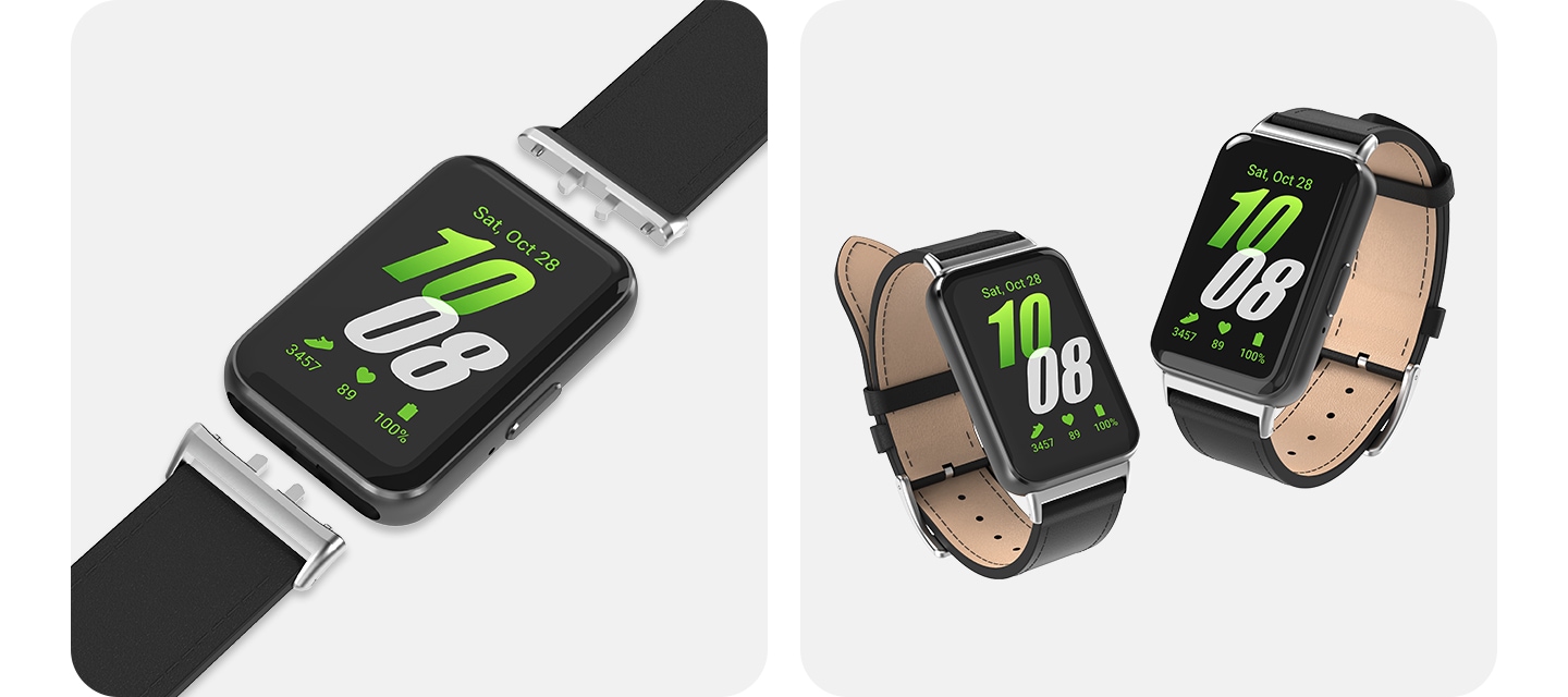 이미지 두 개가 있습니다. 좌측 이미지는 중앙에 갤럭시 핏3가 있고, 갤럭시 핏3 레더 밴드가 단말 가까이에 있는 이미지입니다. 우측 이미지는 갤럭시 핏3 두 대와 각각 체결된 갤럭시 핏3 레더 밴드가 보이고 있습니다.