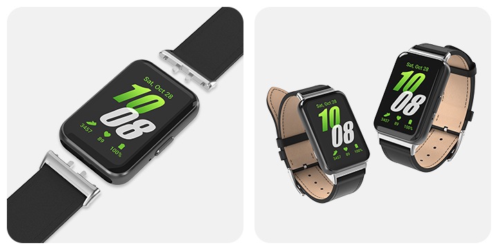 이미지 두 개가 있습니다. 좌측 이미지는 중앙에 갤럭시 핏3가 있고, 갤럭시 핏3 레더 밴드가 단말 가까이에 있는 이미지입니다. 우측 이미지는 갤럭시 핏3 두 대와 각각 체결된 갤럭시 핏3 레더 밴드가 보이고 있습니다.