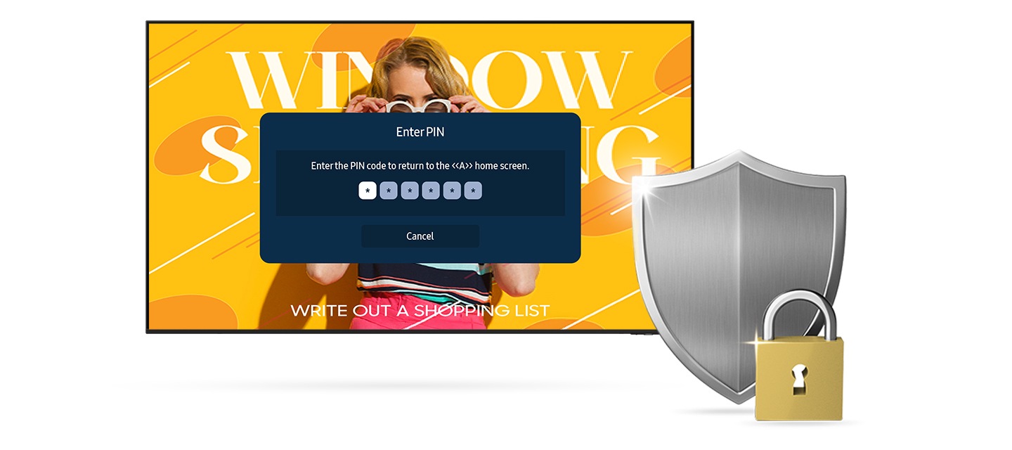 좌측에는 보안 비밀번호를 확인받고 있는 비즈니스TV가 있으며, 우측에는 자물쇠 아이콘으로 비밀번호 잠금을 표현해 보여주고 있습니다.
