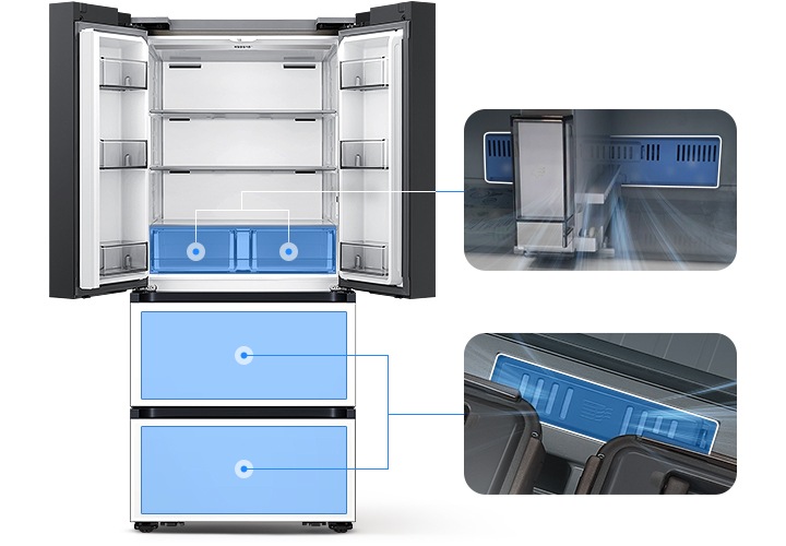 좌측에는 김치냉장고 상칸이 오픈되어있습니다. 김치냉장고 상칸 서랍 부분과 중칸, 하칸이 각각 파란색 배경으로 표시되어 있으며 각 부분이 우측 내상컷과 이어져 있습니다. 우측에는 프레쉬 필터가 위치한 각 냉장고 내상 부분별 실제 제품컷이 나와있으며 해당 필터 부분이 흰색으로 표시되어 있고 그 부분에서 공기가 정화되는듯한 연출 이미지가 나와있습니다.
