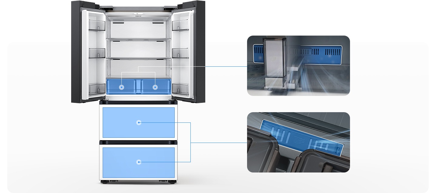 좌측에는 김치냉장고 상칸이 오픈되어있습니다. 김치냉장고 상칸 서랍 부분과 중칸, 하칸이 각각 파란색 배경으로 표시되어 있으며 각 부분이 우측 내상컷과 이어져 있습니다. 우측에는 프레쉬 필터가 위치한 각 냉장고 내상 부분별 실제 제품컷이 나와있으며 해당 필터 부분이 흰색으로 표시되어 있고 그 부분에서 공기가 정화되는듯한 연출 이미지가 나와있습니다.