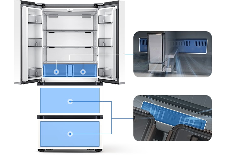 좌측에는 김치냉장고 상칸이 오픈되어있습니다. 김치냉장고 상칸 서랍 부분과 중칸, 하칸이 각각 파란색 배경으로 표시되어 있으며 각 부분이 우측 내상컷과 이어져 있습니다. 우측에는 프레쉬 필터가 위치한 각 냉장고 내상 부분별 실제 제품컷이 나와있으며 해당 필터 부분이 흰색으로 표시되어 있고 그 부분에서 공기가 정화되는듯한 연출 이미지가 나와있습니다.