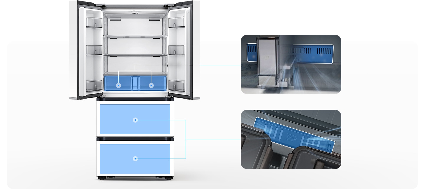 좌측에는 김치냉장고 상칸이 오픈되어있습니다. 김치냉장고 상칸 서랍 부분과 중칸, 하칸이 각각 파란색 배경으로 표시되어 있으며 각 부분이 우측 내상컷과 이어져 있습니다. 우측에는 프레쉬 필터가 위치한 각 냉장고 내상 부분별 실제 제품컷이 나와있으며 해당 필터 부분이 흰색으로 표시되어 있고 그 부분에서 공기가 정화되는듯한 연출 이미지가 나와있습니다.