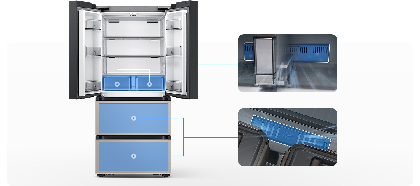 좌측에는 김치냉장고 상칸이 오픈되어있습니다. 김치냉장고 상칸 서랍 부분과 중칸, 하칸이 각각 파란색 배경으로 표시되어 있으며 각 부분이 우측 내상컷과 이어져 있습니다. 우측에는 프레쉬 필터가 위치한 각 냉장고 내상 부분별 실제 제품컷이 나와있으며 해당 필터 부분이 흰색으로 표시되어 있고 그 부분에서 공기가 정화되는듯한 연출 이미지가 나와있습니다.