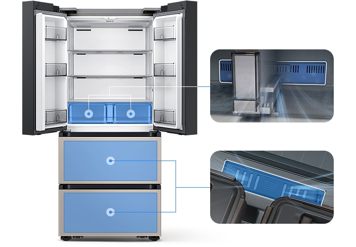 좌측에는 김치냉장고 상칸이 오픈되어있습니다. 김치냉장고 상칸 서랍 부분과 중칸, 하칸이 각각 파란색 배경으로 표시되어 있으며 각 부분이 우측 내상컷과 이어져 있습니다. 우측에는 프레쉬 필터가 위치한 각 냉장고 내상 부분별 실제 제품컷이 나와있으며 해당 필터 부분이 흰색으로 표시되어 있고 그 부분에서 공기가 정화되는듯한 연출 이미지가 나와있습니다.