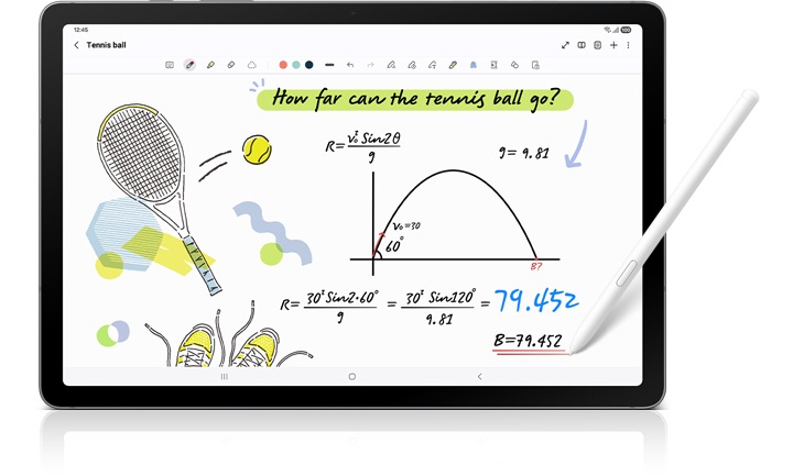 갤럭시 탭 S10 라이트 화면에 노트 앱이 실행되고 있습니다. S펜으로 수학 방정식을 적으면 계산모드가 자동으로 해답을 제공합니다.