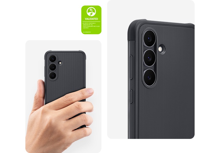 한 손으로 러기드 케이스가 장착된 갤럭시 S25 FE를 들고 있습니다. 우측에는 케이스가 장착된 동일한 스마트폰을 가까이서 촬영하여 렌즈가 있는 왼쪽 상단을 확대한 이미지입니다. 전체 이미지 좌측 하단에 '러기드 케이스는 최소 14%의 재활용 소재를 포함하고 있습니다. UL.COM/ECV'라고 적힌 UL 환경 클레임 검증 마크가 있습니다.