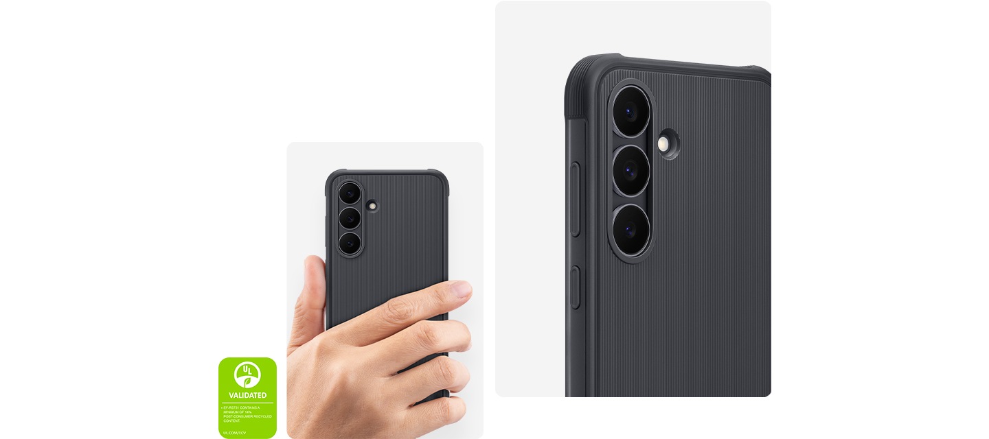 한 손으로 러기드 케이스가 장착된 갤럭시 S25 FE를 들고 있습니다. 우측에는 케이스가 장착된 동일한 스마트폰을 가까이서 촬영하여 렌즈가 있는 왼쪽 상단을 확대한 이미지입니다. 전체 이미지 좌측 하단에 '러기드 케이스는 최소 14%의 재활용 소재를 포함하고 있습니다. UL.COM/ECV'라고 적힌 UL 환경 클레임 검증 마크가 있습니다.