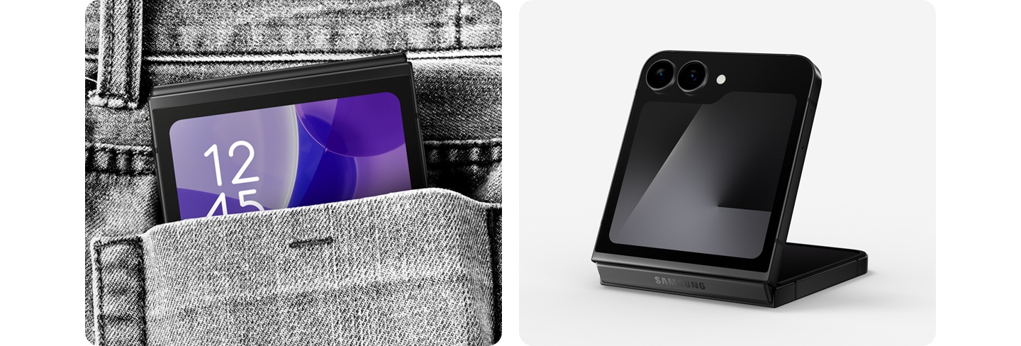 블랙 색상의 갤럭시 Z 플립7 FE이 있습니다. 기기가 접힌 상태로 주머니에 쏙 들어갑니다. 블랙 색상의 갤럭시 Z 플립7 FE가 플렉스모드 상태로 커버 디스플레이를 나타냅니다. 