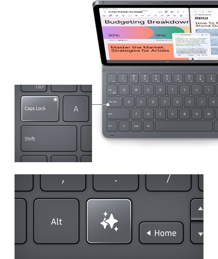 위 이미지는 슬림 키보드 북커버를 장착한 갤럭시 탭 S11의 위쪽 모습입니다. 삼성 노트와 웹 페이지가 분할 화면으로 표시되고 글쓰기 어시스트 기능이 사용 중입니다. LED 표시등이 켜진 Caps Lock 키가 클로즈업되어 있습니다. 아래 이미지에는 키보드에 있는 Galaxy AI 키가 클로즈업되어 있습니다.