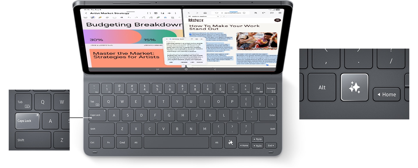 위 이미지는 슬림 키보드 북커버를 장착한 갤럭시 탭 S11의 위쪽 모습입니다. 삼성 노트와 웹 페이지가 분할 화면으로 표시되고 글쓰기 어시스트 기능이 사용 중입니다. LED 표시등이 켜진 Caps Lock 키가 클로즈업되어 있습니다. 아래 이미지에는 키보드에 있는 Galaxy AI 키가 클로즈업되어 있습니다.