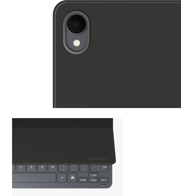 오른쪽 이미지는 갤럭시 탭 S11 전용 슬림 키보드 북커버의 클로즈업 모습입니다. 매끄러운 후면 디자인과 후면 카메라를 둘러싼 메탈 프레임이 특징입니다. 왼쪽 이미지는 커버를 살짝 연 상태의 키보드를 다른 각도에서 클로즈업한 모습입니다.