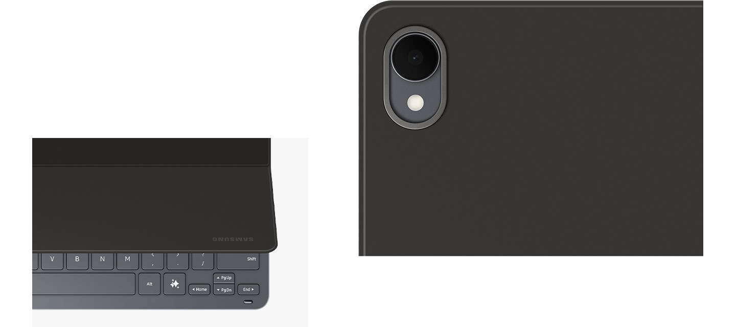 오른쪽 이미지는 갤럭시 탭 S11 전용 슬림 키보드 북커버의 클로즈업 모습입니다. 매끄러운 후면 디자인과 후면 카메라를 둘러싼 메탈 프레임이 특징입니다. 왼쪽 이미지는 커버를 살짝 연 상태의 키보드를 다른 각도에서 클로즈업한 모습입니다.