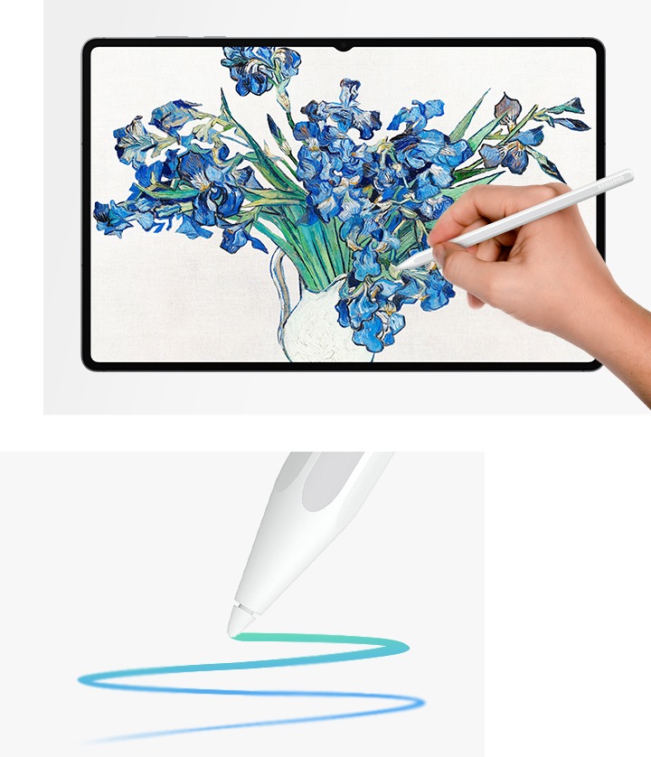 S펜을 사용하여 갤럭시 탭 S11 울트라에 파란색 꽃을 섬세하게 그리고 있습니다. S펜의 필압 감지 기능을 강조하며 굵기가 달라지는 S자 모양의 획을 긋는 장면을 클로즈업합니다.