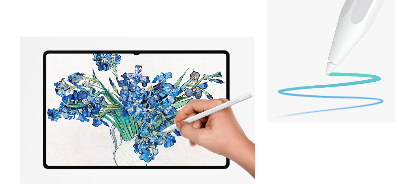 S펜을 사용하여 갤럭시 탭 S11 울트라에 파란색 꽃을 섬세하게 그리고 있습니다. S펜의 필압 감지 기능을 강조하며 굵기가 달라지는 S자 모양의 획을 긋는 장면을 클로즈업합니다.