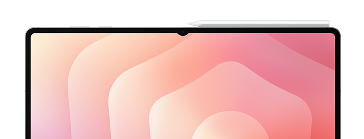 독특한 육각형 디자인의 S펜이 갤럭시 탭 S11 울트라 오른쪽 상단 측면에 자석으로 부착되어 있는 모습입니다.