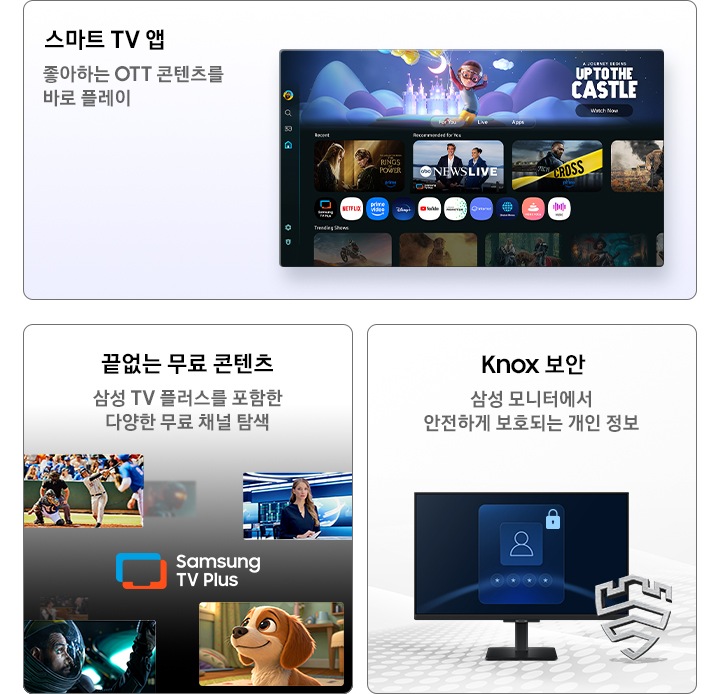 스마트 모니터의 3가지 특장점을 보여줍니다. 첫번째는 스마트TV 앱, 두번째는 끝없는 무료 컨텐츠, 세번째는 삼성 Knox 보안 입니다.