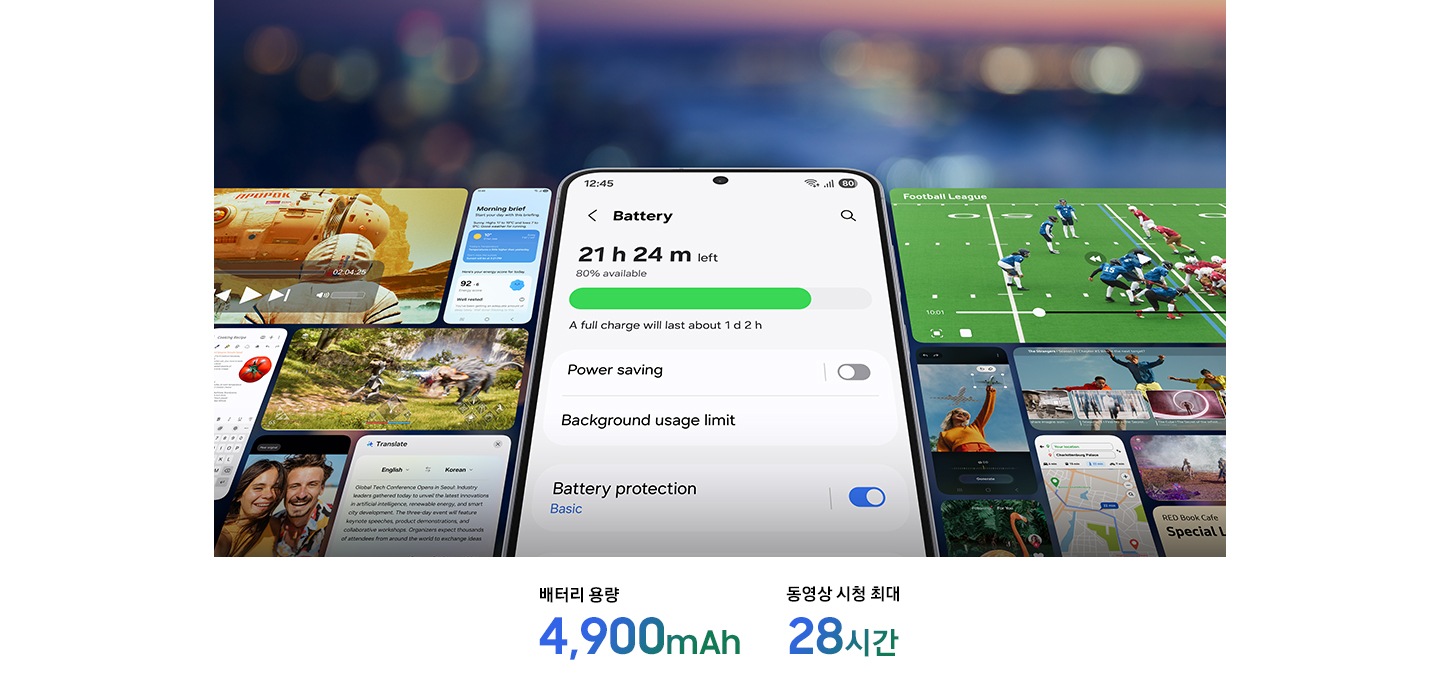 [갤럭시 S25 FÉ 화면에 배터리 정보가 표시되어 있습니다. 현재 충전량 80%와 남은 사용 시간 21시간 24분이 화면에 표시되고 완전 충전 시 약 1일 2시간 동안 사용 가능한 것으로 나타납니다. 화면 중간에는 절전 모드, 백그라운드 사용 제한, 배터리 보호 옵션이 나란히 배치되어 있습니다. 화면 하단에는 ‘배터리 용량 4,900m~Áh’와 ‘최대 28시간 비디오 시청' 문구가 강조되어 있습니다.]