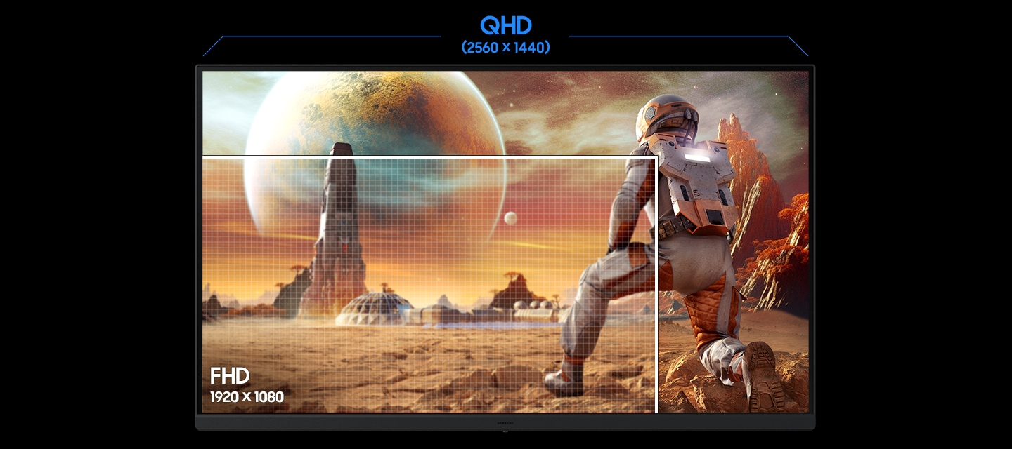 모니터 화면의 일부는 FHD 화질로, 일부는 QHD 화질로 비교하여 차이를 보여줍니다.