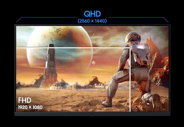 모니터 화면의 일부는 FHD 화질로, 일부는 QHD 화질로 비교하여 차이를 보여줍니다.