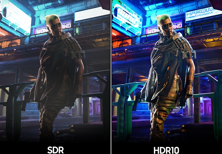 SDR 버전의 화면과 HDR10 버전의 화면을 비교하여 보여줍니다.