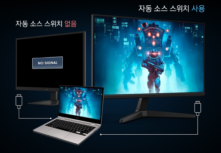 일반 모니터와 오디세이 모니터가 놓여있고 그 사이에 노트북이 놓여있습니다 노트북에 띄워져 있는 게임 화면과 오디세이 모니터에 띄워져 있는 게임 화면은 동일하며 일반 모니터엔 NO SIGNAL이라고 쓰여 있습니다.