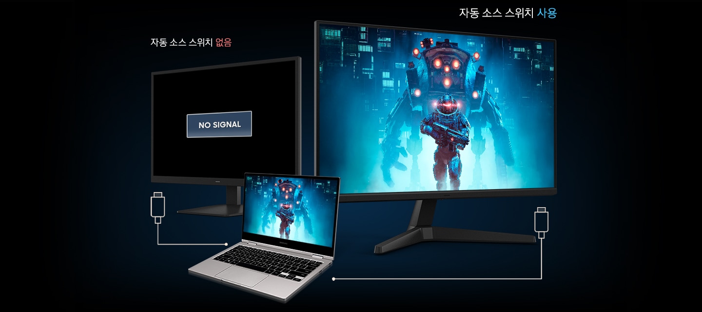 일반 모니터와 오디세이 모니터가 놓여있고 그 사이에 노트북이 놓여있습니다 노트북에 띄워져 있는 게임 화면과 오디세이 모니터에 띄워져 있는 게임 화면은 동일하며 일반 모니터엔 NO SIGNAL이라고 쓰여 있습니다.