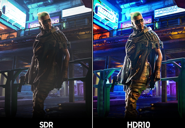 SDR 버전의 화면과 HDR10 버전의 화면을 비교하여 보여줍니다.