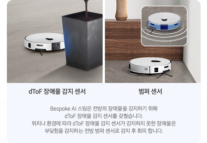 이미지 왼쪽 부분에는 나무 마룻바닥을 배경으로 Bespoke AI 스팀이 커다란 화분을 하단에 멈춰 있는 모습이 있으며, dToF 장애물 감지 센서로 장애물을 감지하고 있는 모습을 표현하고 있습니다. 하단 부분에는 dToF 장애물 감지 센서 텍스트가 쓰여 있습니다. 이미지 오른쪽 부분에는 회색 대리석 바닥에 우드 장식장 하단 부분을 배경으로 Bespoke AI 스팀이 벽 쪽으로 다가가는 옆모습과 Bespoke AI 스팀 앞부분에는 벽으로 향하는 화살표가 겹쳐 있으며, 오른쪽 윗부분에는 Bespoke AI 스팀이 dToF LIDAR 주행 센서를 사용하여 물체를 감지하는 이미지를 확대한 이미지가 있습니다. 하단 부분에는 범퍼 센서 텍스트가 쓰여 있습니다. 이미지 하단 중앙 부분에는 Bespoke AI 스팀은 전방의 장애물을 감지하기 위해 dToF 장애물 감지 센서를 갖췄습니다. 위치나 환경에 따라 dToF 장애물 감지 센서가 감지하지 못한 장애물은 부딪힘을 감지하는 전방 범퍼 센서가 감지 후 회피 합니다. 텍스트가 적혀 있습니다.