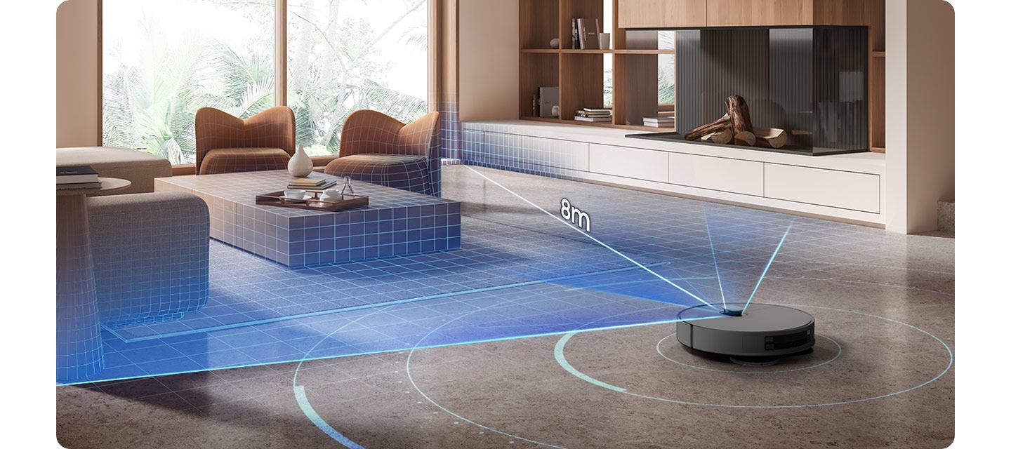 어두운 회색 바닥과 우드톤의 거실을 배경으로 이미지 왼쪽 부분에는 우드로 제작된 동그랗고 높은 사이드 테이블이 놓여 있고 테이블 위에는 책 2권이 올려져 있으며 그 옆으로 소파의 옆모습이 노출되어 있습니다. 소파 앞에는 우드로 제작된 테이블이 놓여 있고 테이블 위에는 도자기 장식과 우드 쟁반 위에 컵이 있습니다. 카랴멜 색상의 1인용 소파 2개가 테이블 주위로 배치되어 있습니다. 왼쪽에 있는 1인용 소파 뒤에는 큰 거실 창이 있고 오른쪽 부분에 있는 1인용 소파의 뒤에는 TV와 책이 조금 꽂혀 있는 책장이 있으며, 이미지 오른쪽 하단 부분에 Bespoke AI 스팀 울트라의 뒷모습과 함께 dToF LIDAR 주행 센서를 사용하여 최대 8m 이내의 물체를 감지하는 모습을 알려주는 이미지가 있습니다. dToF LIDAR 주행 센서에서 파란색 빛이 나가는 모습과  빛 위에 8m 텍스트가 쓰여 있으며 스팀 주위로 연한 파란색 동그라미가 있습니다.