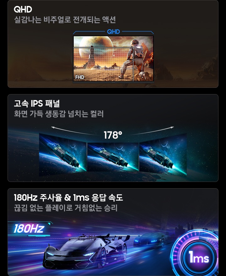 G50F 오디세이 모니터의 3가지 특장점을 보여줍니다 첫번째는 QHD 실감나는 비주얼로 전개되는 액션, 두번째는 고속 IPS 패널 화면 가득 생동감 넘치는 컬러, 세번째는180Hz 주사율 & 1ms 응답 속도 끊김 없는 플레이로 거침없는 승리 입니다.